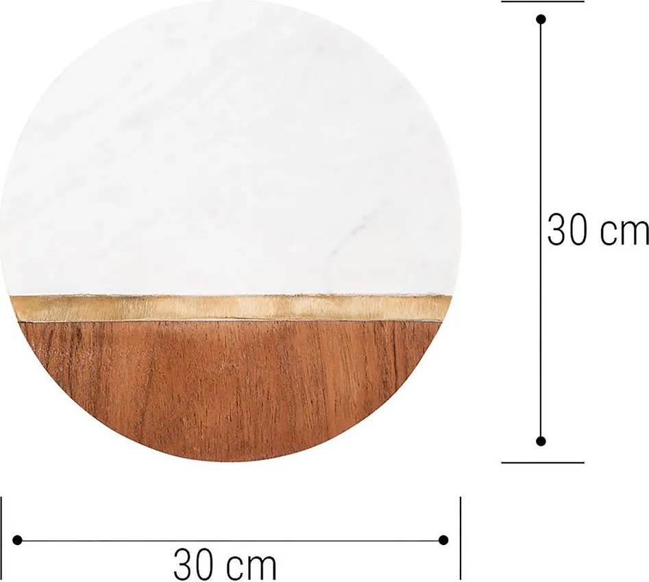MARBLE KITCHEN márvány/fa alátét sárgaréz csíkkal, Ø 30 cm