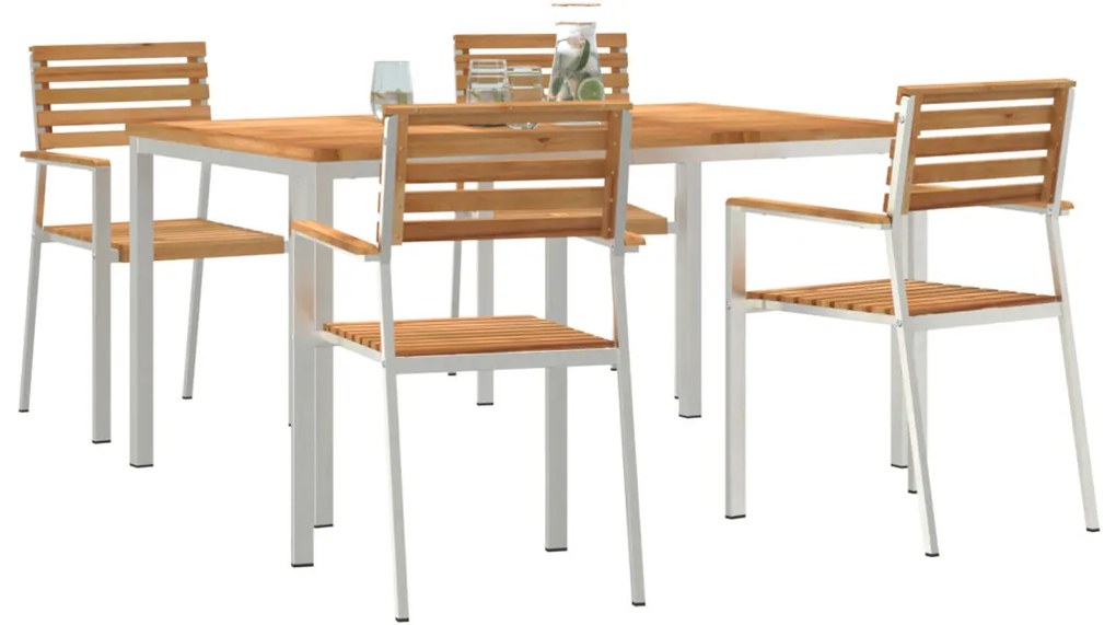 5 részes Kerti étkező garnitúra Tömör fából, Kültéri étkező asztal 150x90x75 cm Tömör fából, Összecsukható kerti székek 4 db Tömör fából és acélból
