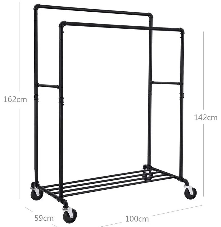 RARE dupla ruhatartó állvány, vízcsövekkel 100x59x162cm, fekete SongmicsHome