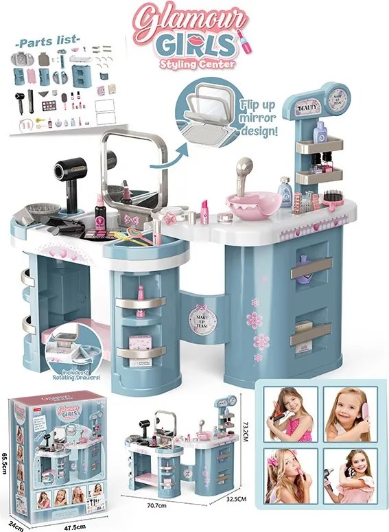 Játék fodrászállomás, elektromos hajszárítóval és hajvasalóval, tükörrel, sminkkiegészítőkkel, több tárolópolccal