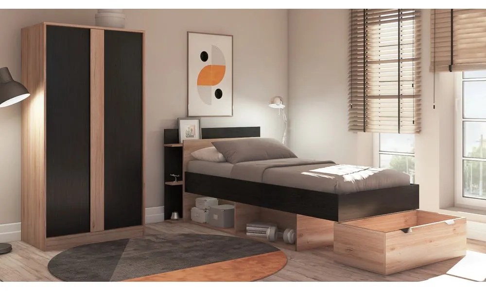 Fekete-natúr színű ruhásszekrény tölgyfa dekorral 90x180x53 cm Dennis – Marckeric