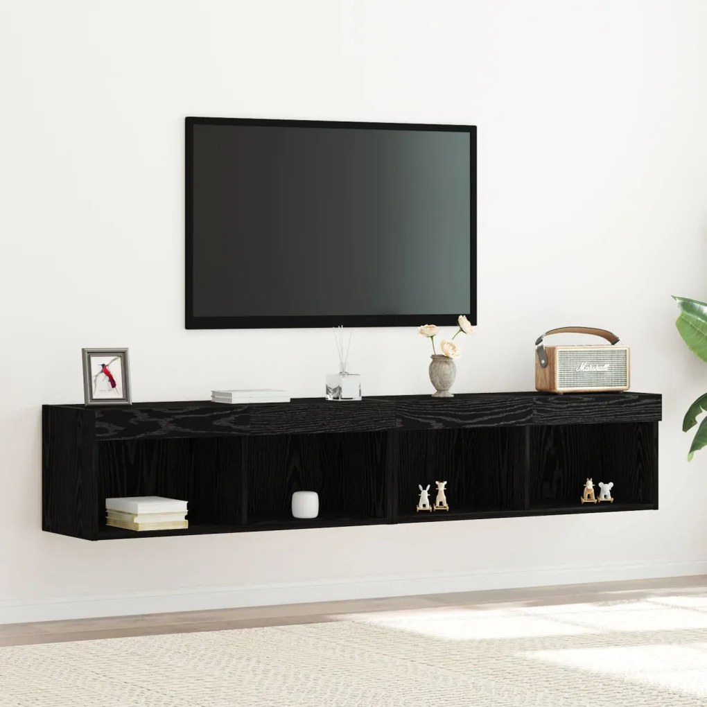 TV Fali Szekrények LED Fénnyel 2 db Fekete Tölgy 80x30x30 cm