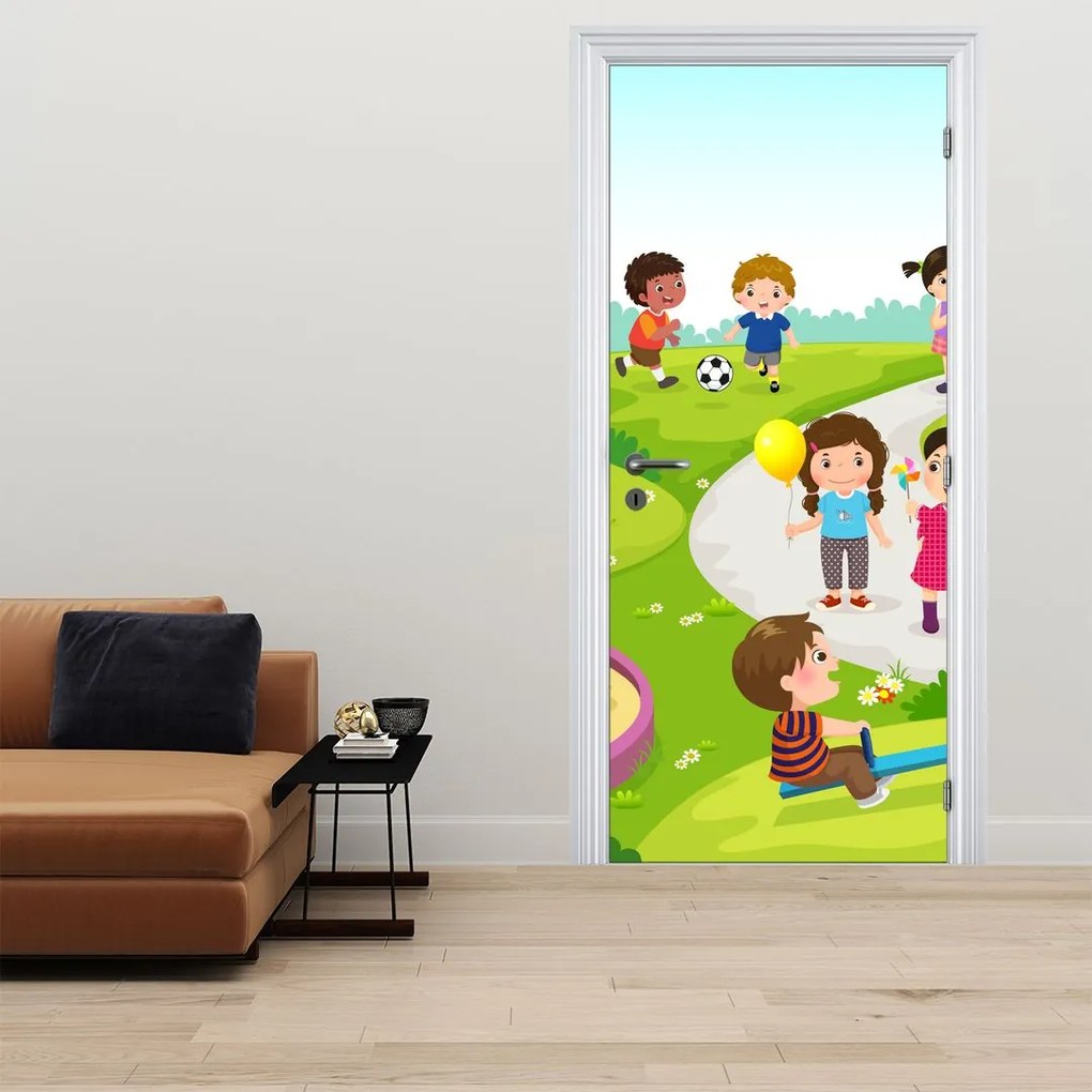 Fotótapéta ajtóra - Gyermekek szórakozása a homokozón (95x205cm)