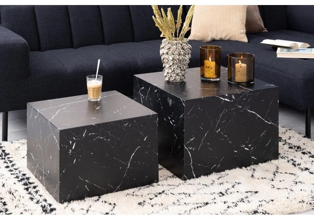 Fekete dohányzóasztal szett márvány dekorral, 2 db-os 58x58 cm Dice – Actona