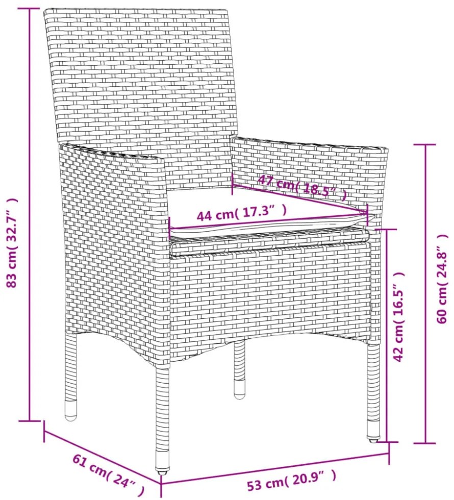3 részes bézs polyrattan/üveg bisztrógarnitúra párnával