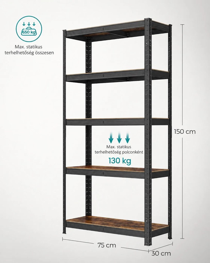 Nagy teherbírású tárolópolc, 5 állítható polccal, 650 kg teherbírás, 75 x 30 x 150 cm, rusztikus barna/fekete