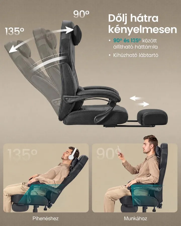 SONGMICS gamer szék lábtartóval, ergonomikus irodai szék fej- és deréktámasszal, 135°-ig dönthető, 150 kg, fekete