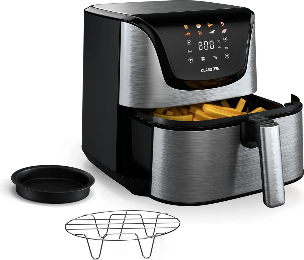 Klarstein AeroVital Deluxe forrólevegős fritőz, 1700 W, 8 program, tartozékokkal együtt, 200°C, Időzítő