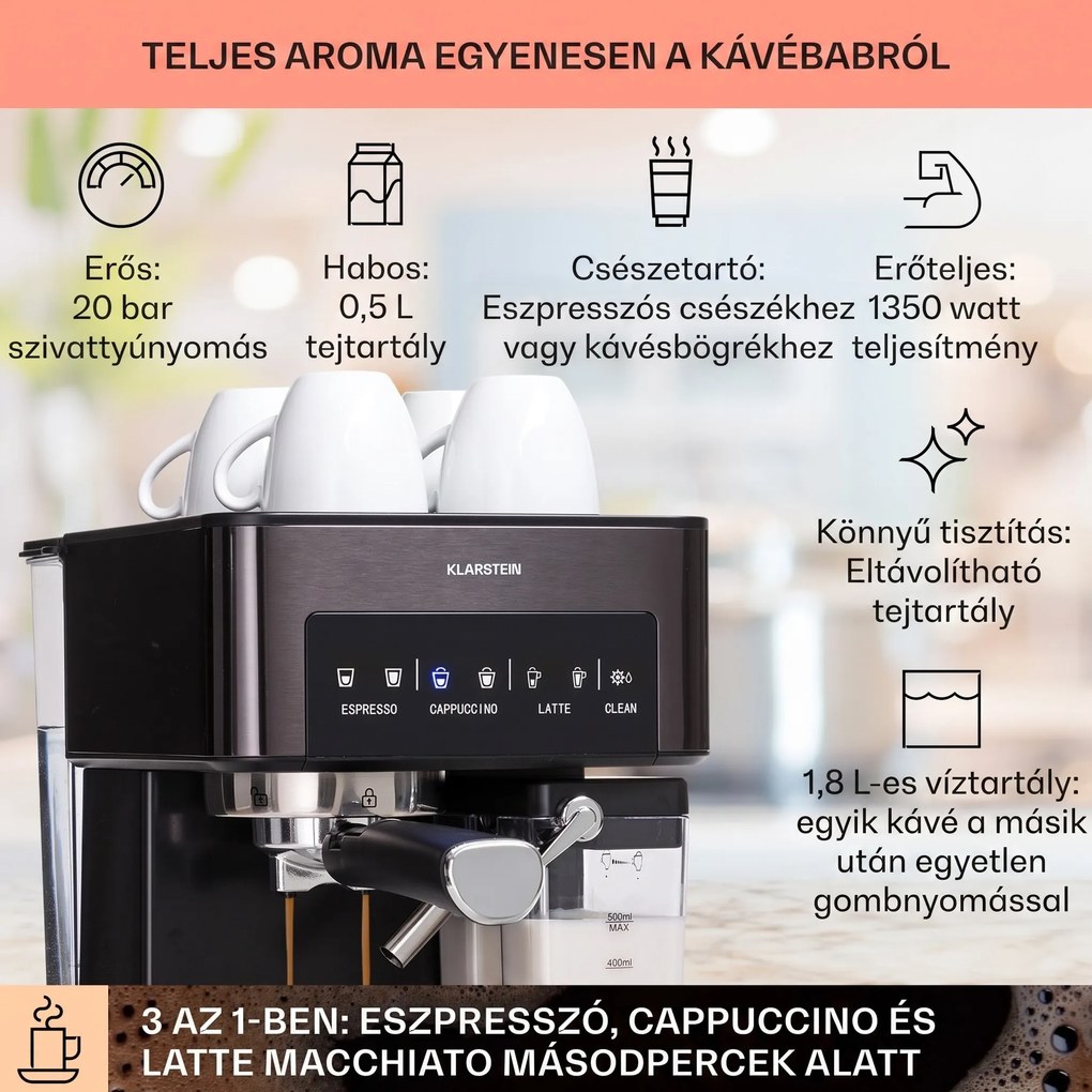 Klarstein Arabica Comfort, kávégép portaszűrővel, 1350 W, 20 bar, 1,8 l, érintőképernyő