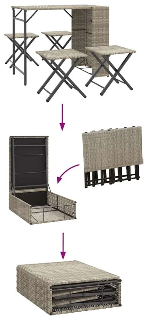 5 részes szürke polyrattan összecsukható kerti étkezőgarnitúra
