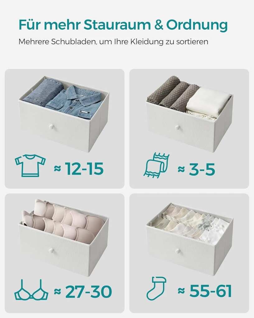 Fiókos szekrény hálószobába 4 szövetfiókkal, komód, 30 x 45 x 91,7 cm, fehér tölgy