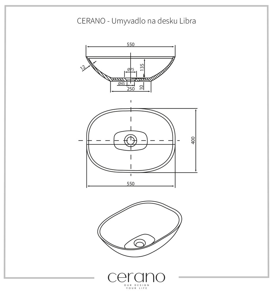 Cerano Libra, öntött márvány asztali mosogató 550x400x135 mm, fekete matt, CER-CER-WB16B