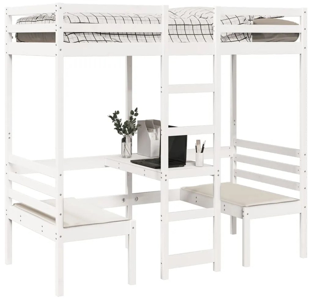 fehér fenyő galériaágy-keret asztallal és székekkel 80 x 200 cm