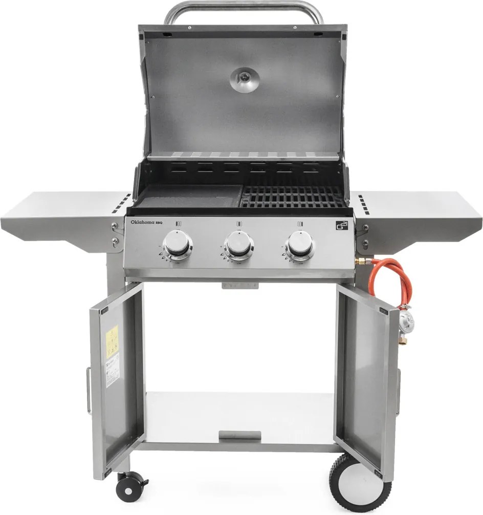 OKLAHOMA BBQ gázgrill, 3 égővel, nyomáscsökkentő szeleppel, ezüst Penta CZ