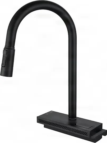 Konyhai csaptelep ELITE EDITION KFS1442 kihúzható zuhanyfejjel, vízeséses kifolyóval és LED-kijelzővel, több színváltozatban — Fekete