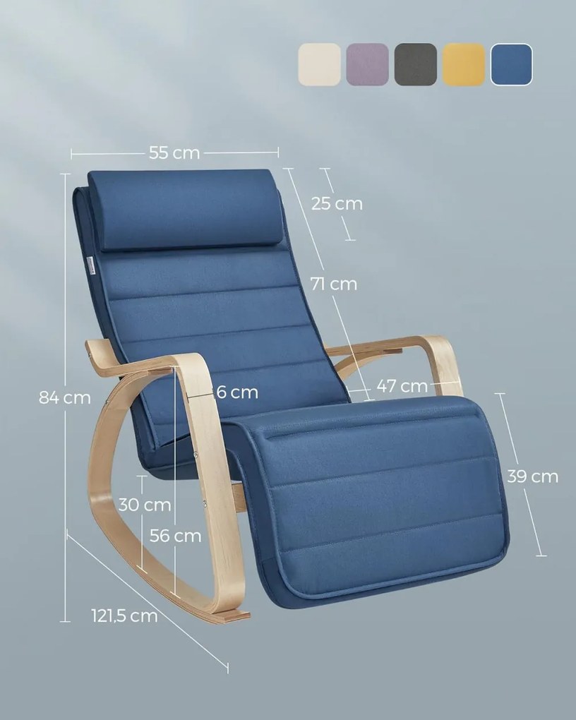 Hintaszék, nyírfából készült pihenő fotel, 5 pozícióban állítható lábrésszel, 150kg kék és natúr