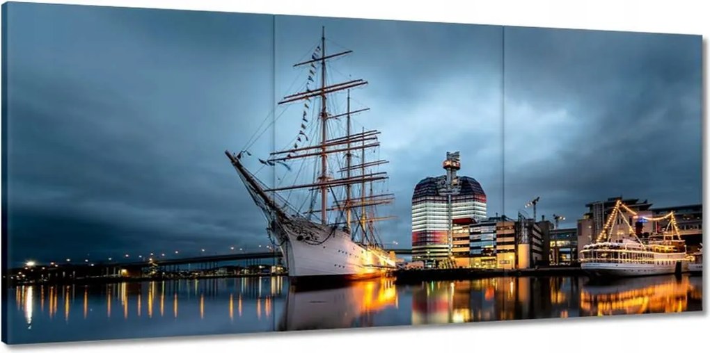 Vászonkép 150x70 Vitorláshajó a kikötőben éjszaka