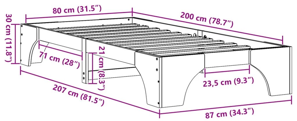 Ágykeret Fehér Tömör fenyőfa 80 x 200 cm Minimalista Ágykeret