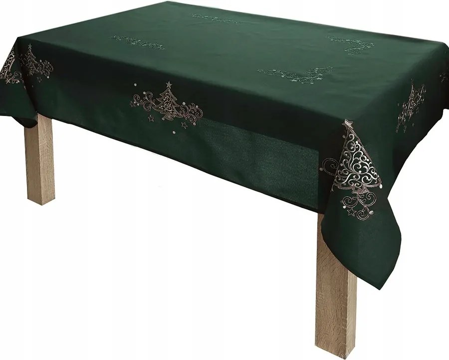 Abrosz karácsonyi hímzéssel Klasszikus Karácsony 140x260 zöld ezüst karácsonyfa