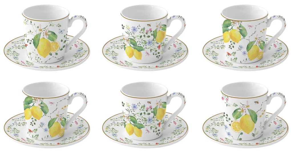 Mediterrán porcelán citrom mintás kávés csésze 6 személyes szett Fleurs et Citrons