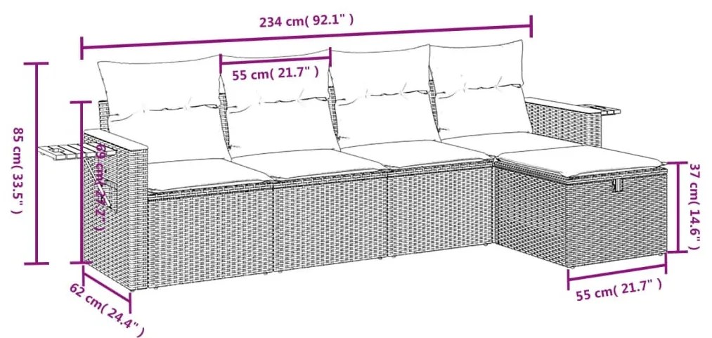 5 részes fekete polyrattan kerti kanapészett párnákkal