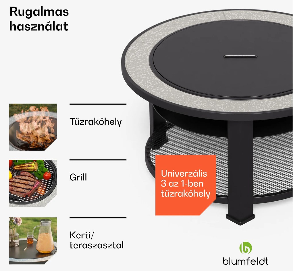 Merano Circolo 3 az 1-ben, tűzrakóhely grill funkcióval, használható asztalként, 87 cm-es átmérő