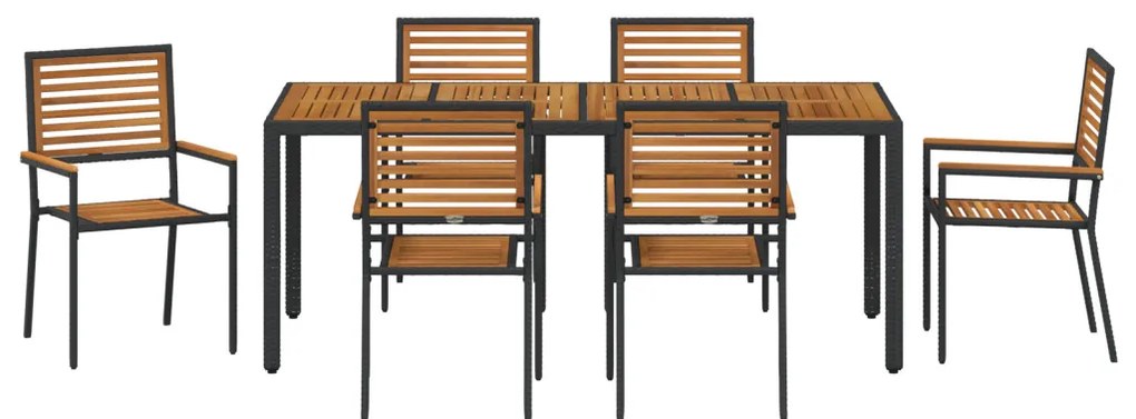 7 Darabos Kert Étkezősor Fekete Poly Rattan Akáccal, Egymásra rakható Kert Székek Párnákkal 2 db Fekete Poly Rattan