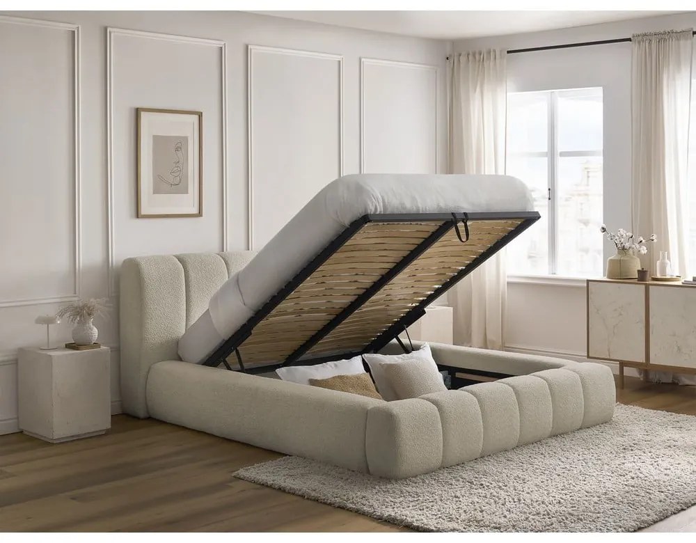 Bézs kárpitozott ágyneműtartós franciaágy ágyráccsal 140x190 cm Denali – Bobochic Paris