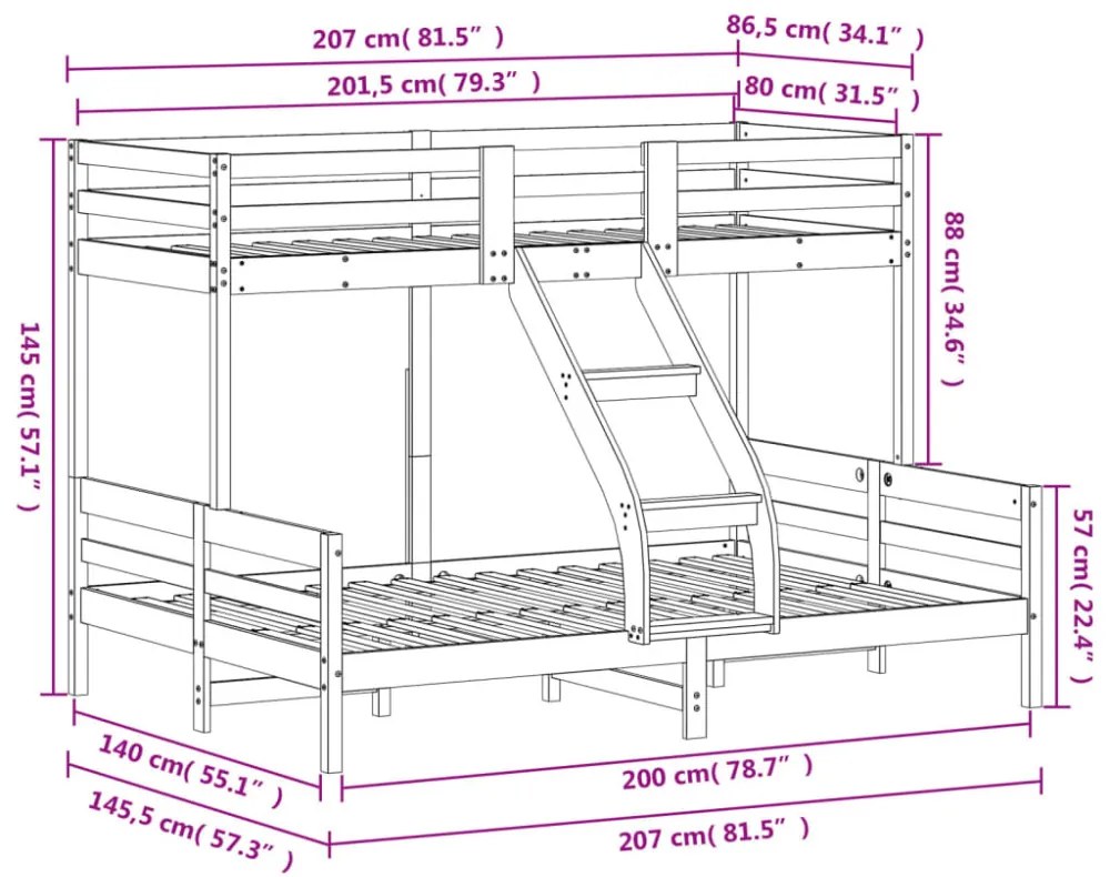 viaszbarna tömör fenyőfa emeletes ágy 80 x 200/140 x 200 cm
