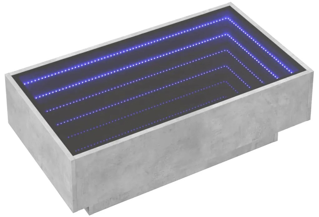 Betonszürke szerelt fa dohányzóasztal LED-del 90 x 50 x 30 cm