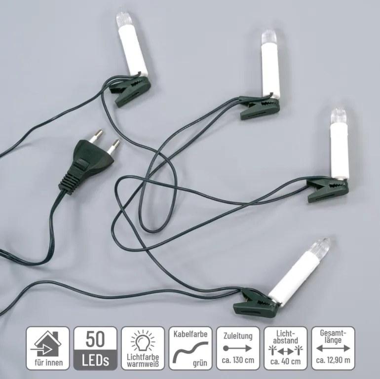 LED karácsonyfa gyertyák 50 LED meleg fehér