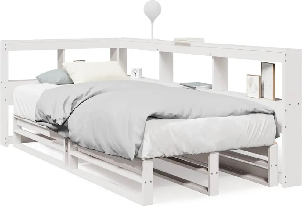 vidaXL fehér tömör fenyőfa könyvespolcos ágy matrac nélkül 90 x 190 cm