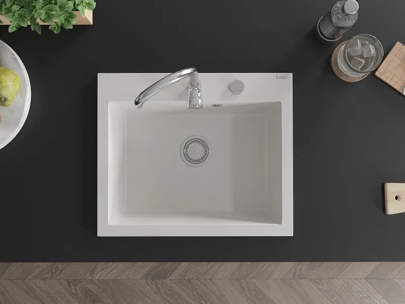 Mexen Elix 1-medencés gránit mosogató 600 x 500 mm, fehér, króm szifon - 6525601005-20