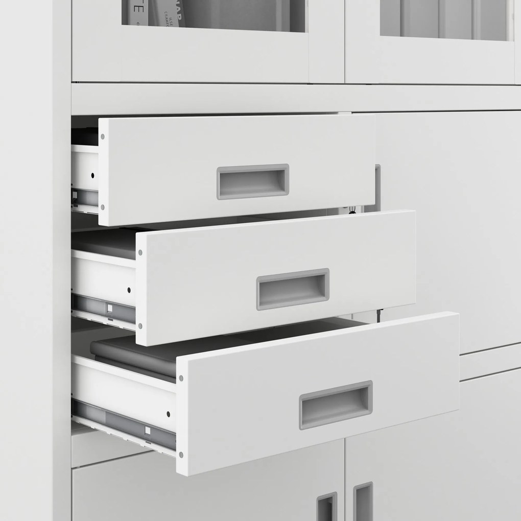 Fém iratszekrény széffel, vitrinnel és fiókokkal FILIP, 900 x 1850 x 400 mm, fehér