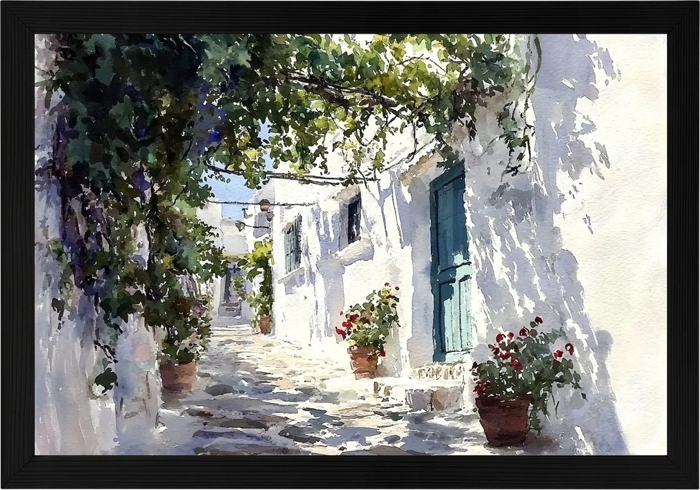 Poszter Keret Fa Görögország Fehér Házak Virágok Pergola Santorini 60x40