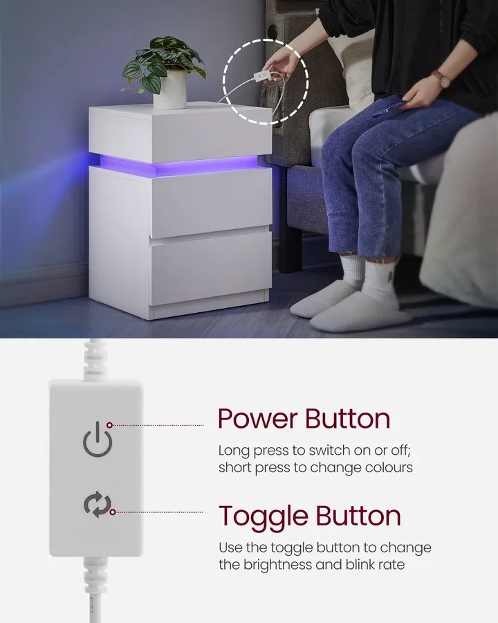 Éjjeliszekrény 2 db-os szett, LED-világítással, 35×40×55 cm, felhőfehér