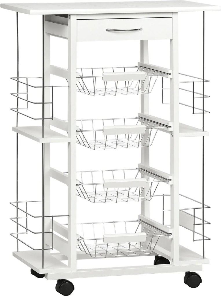 HOMCOM Konyhai Kocsi Kerekekkel Zöldség Kocsi Csempézett Pulttal Fiókkal, 4 Fémláda és 4 Oldalsó Fűszer Polccal Az Étkezőbe 57x37x83 cm Fehér | Aosom