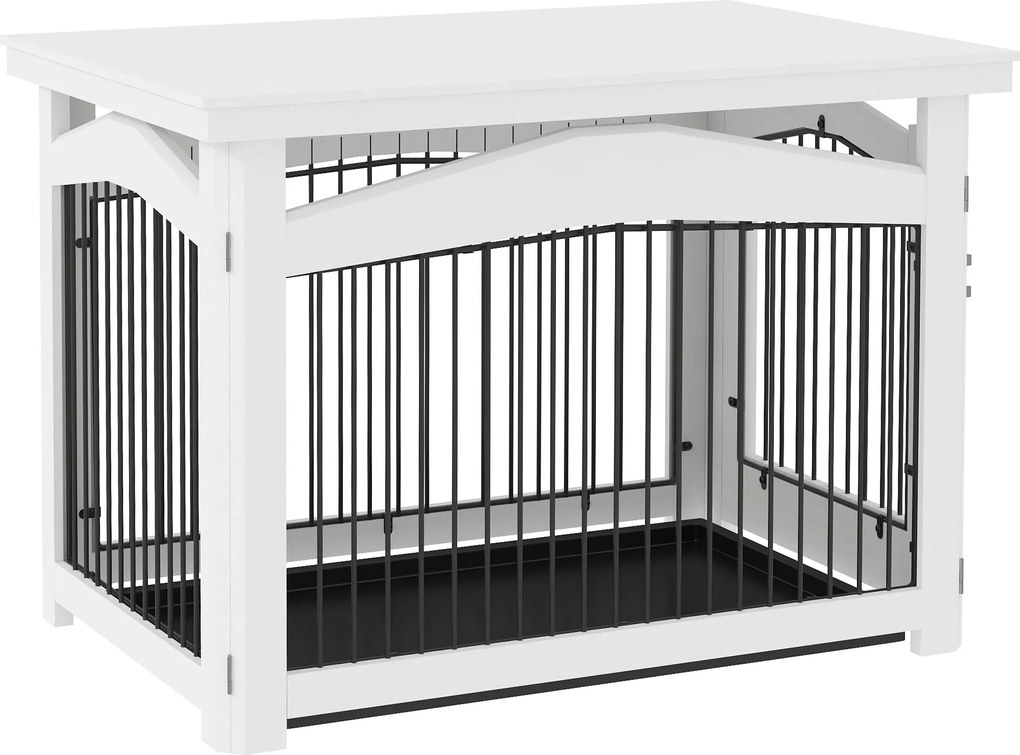 PawHut Közepes Kutyaketrec 3 az 1-ben Oldaltábla Kutyagátló Zárható Ajtóval, Levehető Felső Rész és Tálca 82.5x57.5x59.5 cm Fehér | Aosom