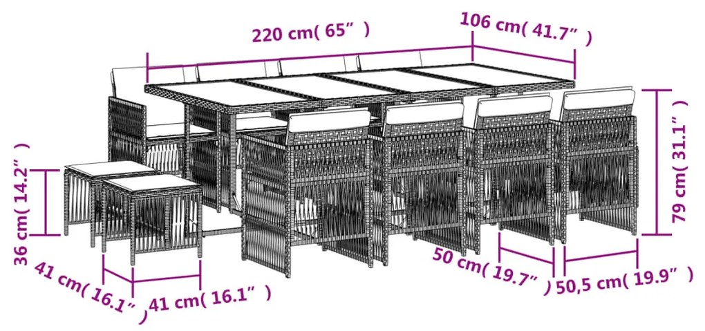 13 részes szürke polyrattan kerti étkezőgarnitúra párnákkal