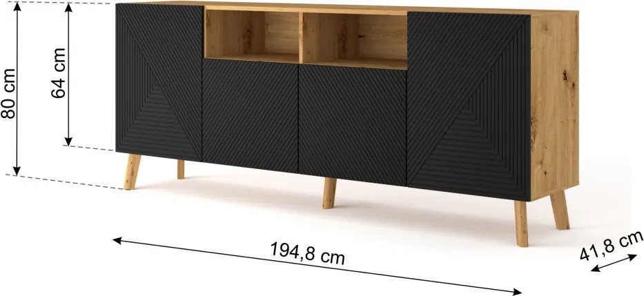 4 ajtós komód artisan tölgy színben, fekete fronttal LUXI 195