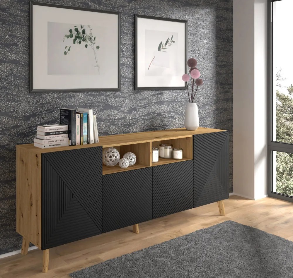 Comodă Cu 3 Uși Culoarea Stejarului Artizanal Cu Front Negru Luxi 146 Comodă