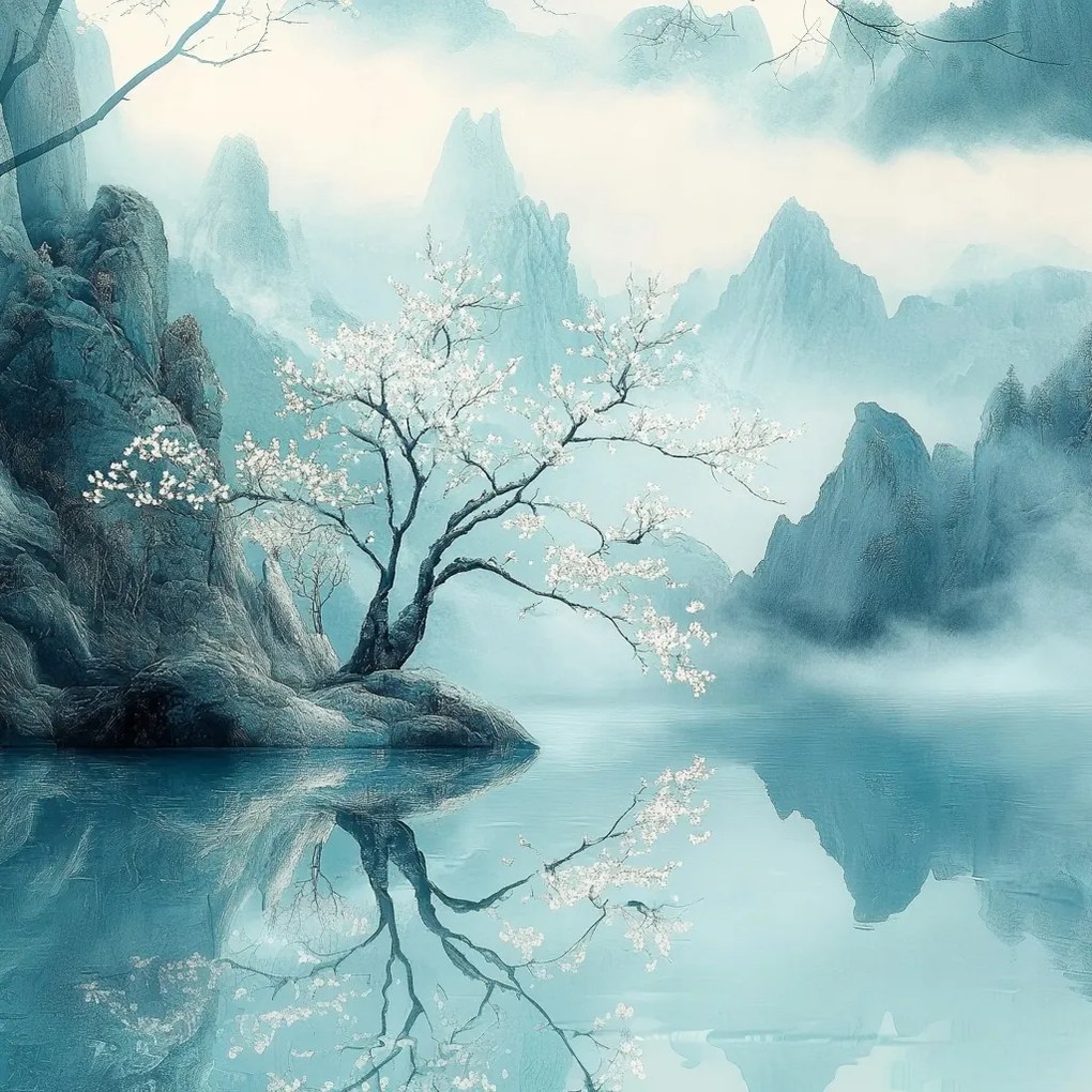 Vászonkép Canvas Tájkép Ázsia Japán Türkiz Hegyek Köd Sakura 80x80