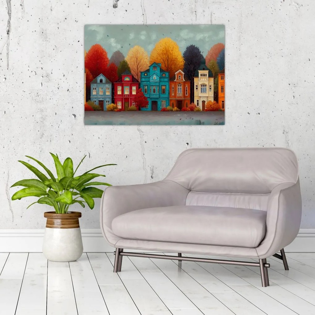 Üveg kép - Festett őszi város (70x50 cm)