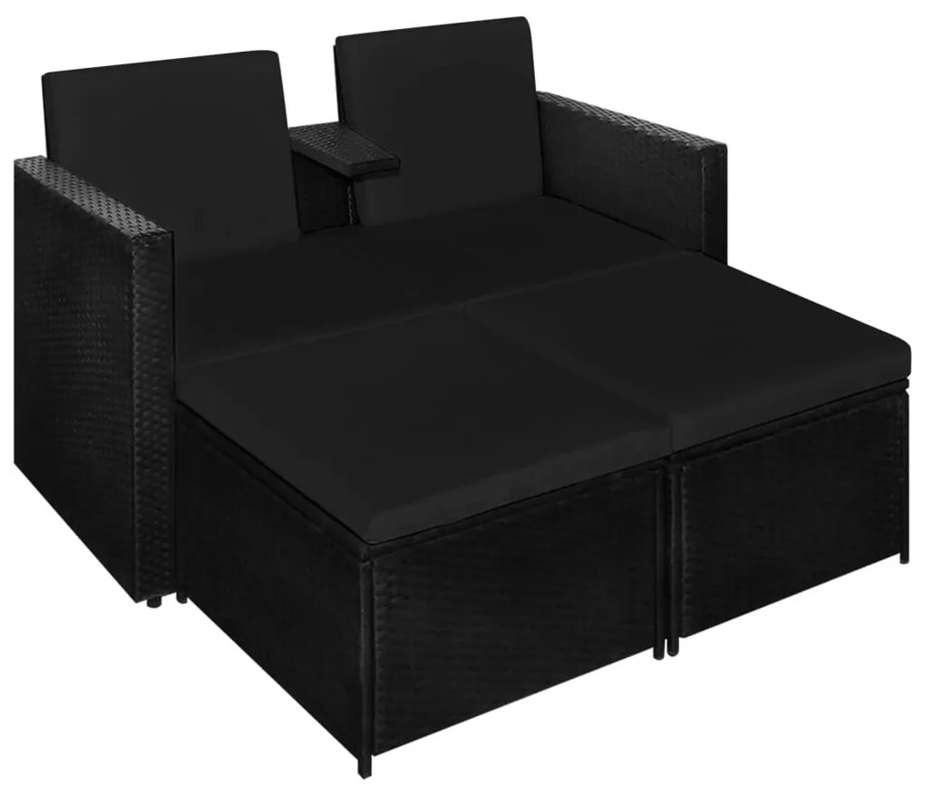 3 részes fekete polyrattan kerti bútorszett párnákkal