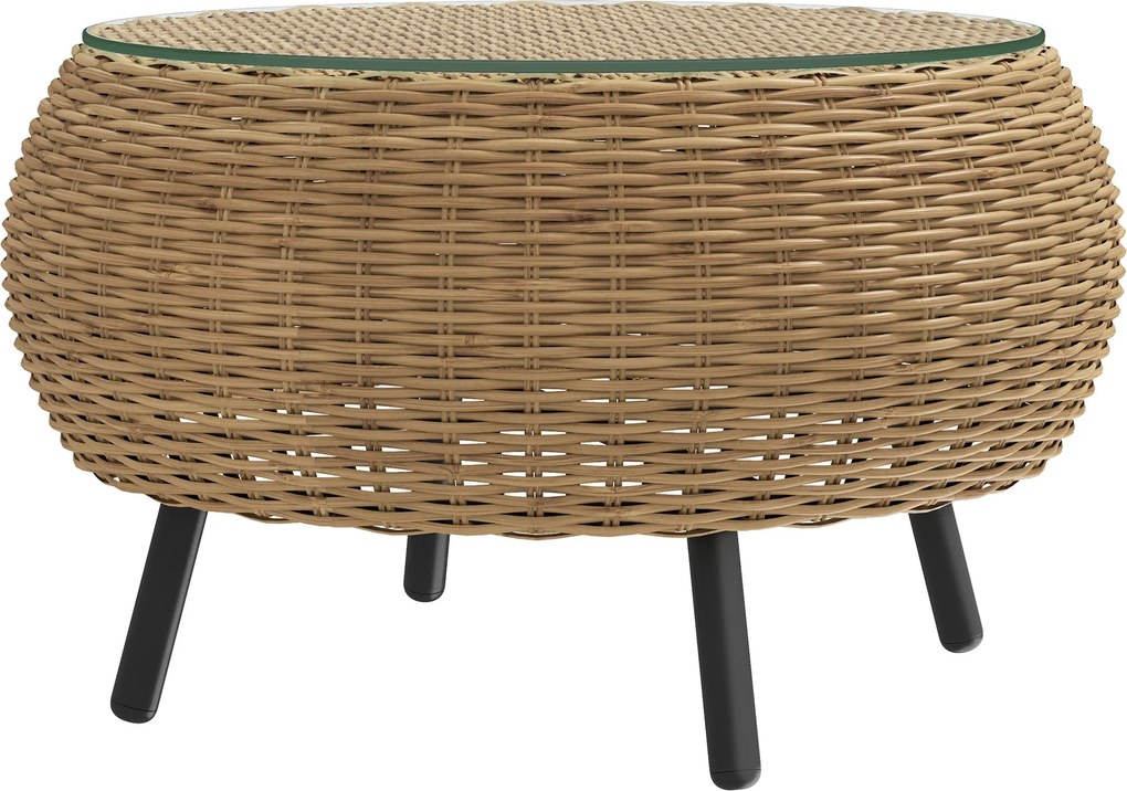 Outsunny Poly Rattan Kerek Kávézó Asztal Üveglappal - Balkon Asztal Kert Asztal Tea Asztal Rattan Asztal a Kerthez, Teraszhoz, Balkonhoz, Ø75 x 42 cm
