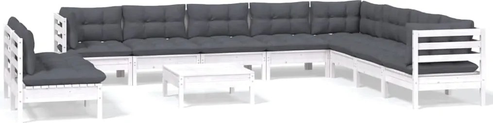 vidaXL 11 részes fehér tömör fenyőfa kerti ülőgarnitúra párnákkal