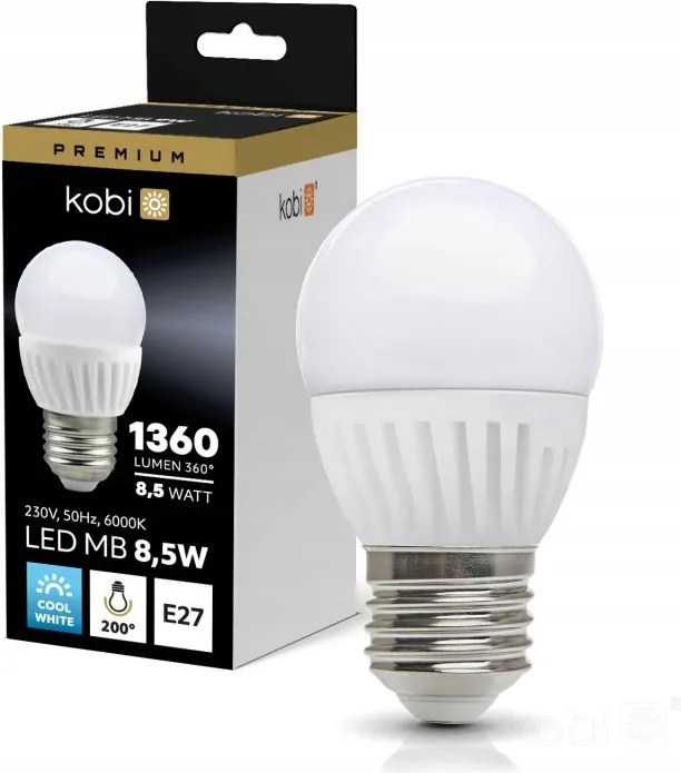 Led izzó golyó E27 8,5W b.hideg 6500K 1360lm tejfehér G45 Prémium Kobi