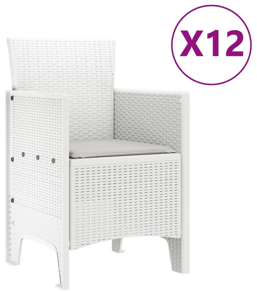 13 Részes Kerti Étkező Szett Kárpitokkal Fehér Polirattan, Kerti Asztal Fehér 150x100x73 cm Polirattan, Kerti Székek Kárpitokkal 4 db Fehér Polirattan
