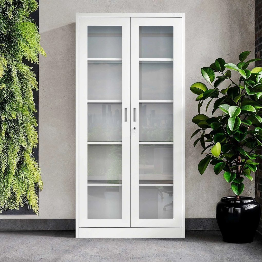 Vitrines fém szekrény üvegezett ajtókkal AMELIA, 900 x 1850 x 400 mm, fehér