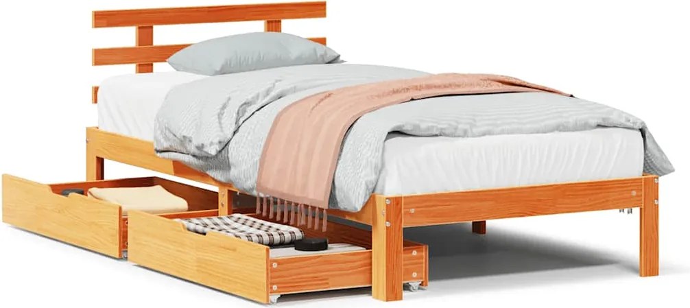 vidaXL viaszbarna tömör fenyőfa ágykeret fiókokkal 75 x 190 cm